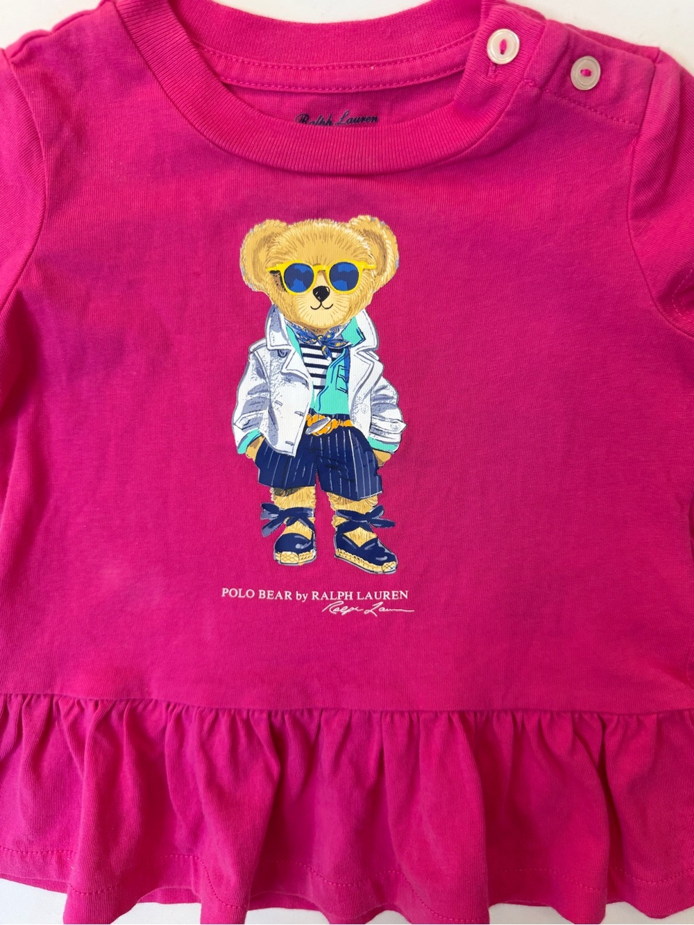 Ralph Lauren Polo Bear Baby Girl 6M Pink Ruffle Peplum T-Shirt
